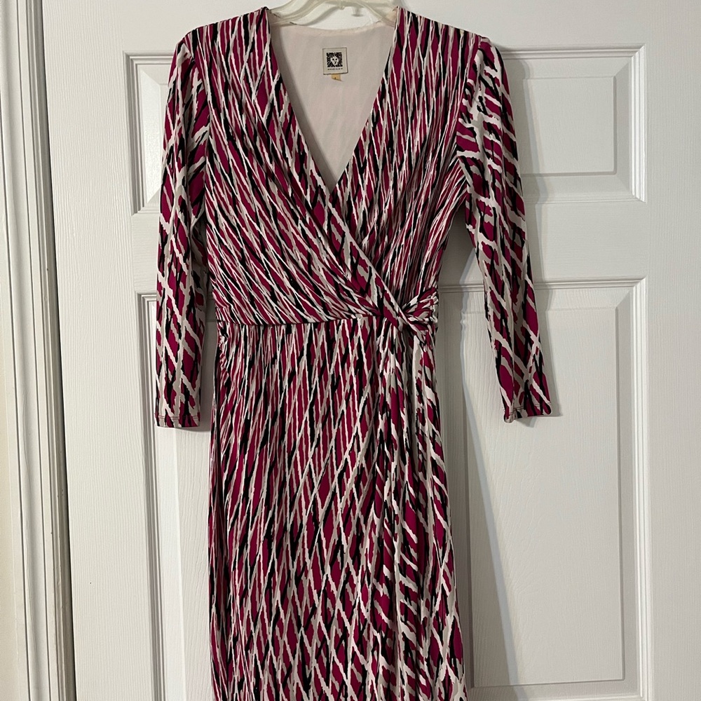 Anne Klein Twist Knot Waist Dress Hot Pink Fuchsia Gray Black White Stretch